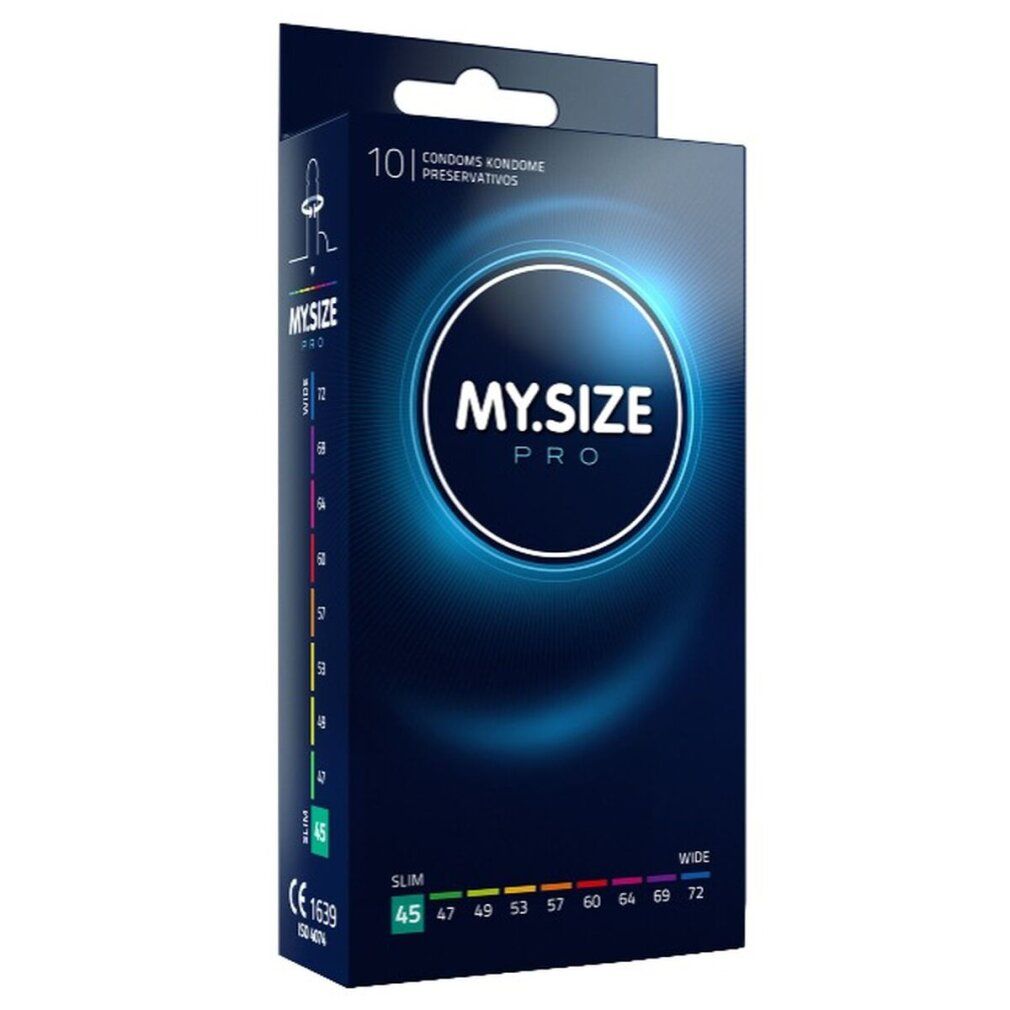 Scatola nera con logo "MY.SIZE PRO". Contiene 10 preservativi. Misura 45mm. CE 1639.