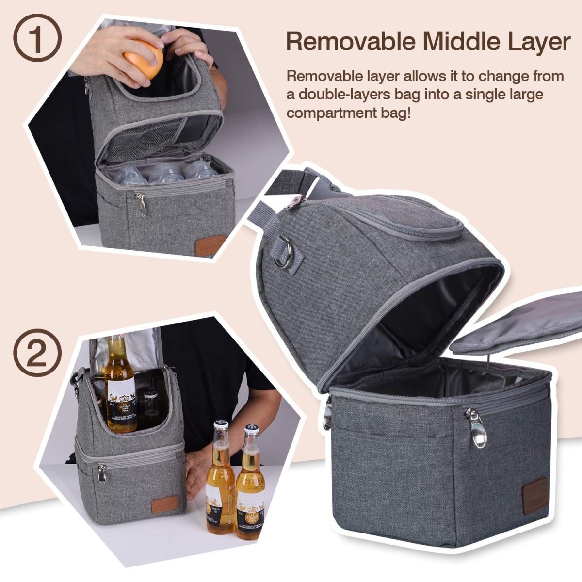 Borsa termica con strato intermedio rimovibile. Può essere trasformata in un grande scomparto o due più piccoli. Mostrato con bottiglie.