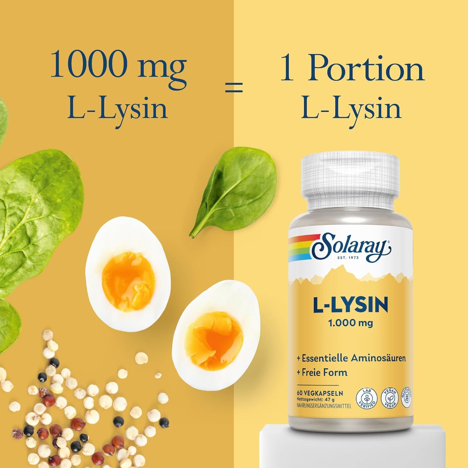 Confronto: 1000 mg di L-Lisina equivalgono a 1 porzione. Flacone di capsule Solaray L-Lisina accanto a uova sode e spinaci.