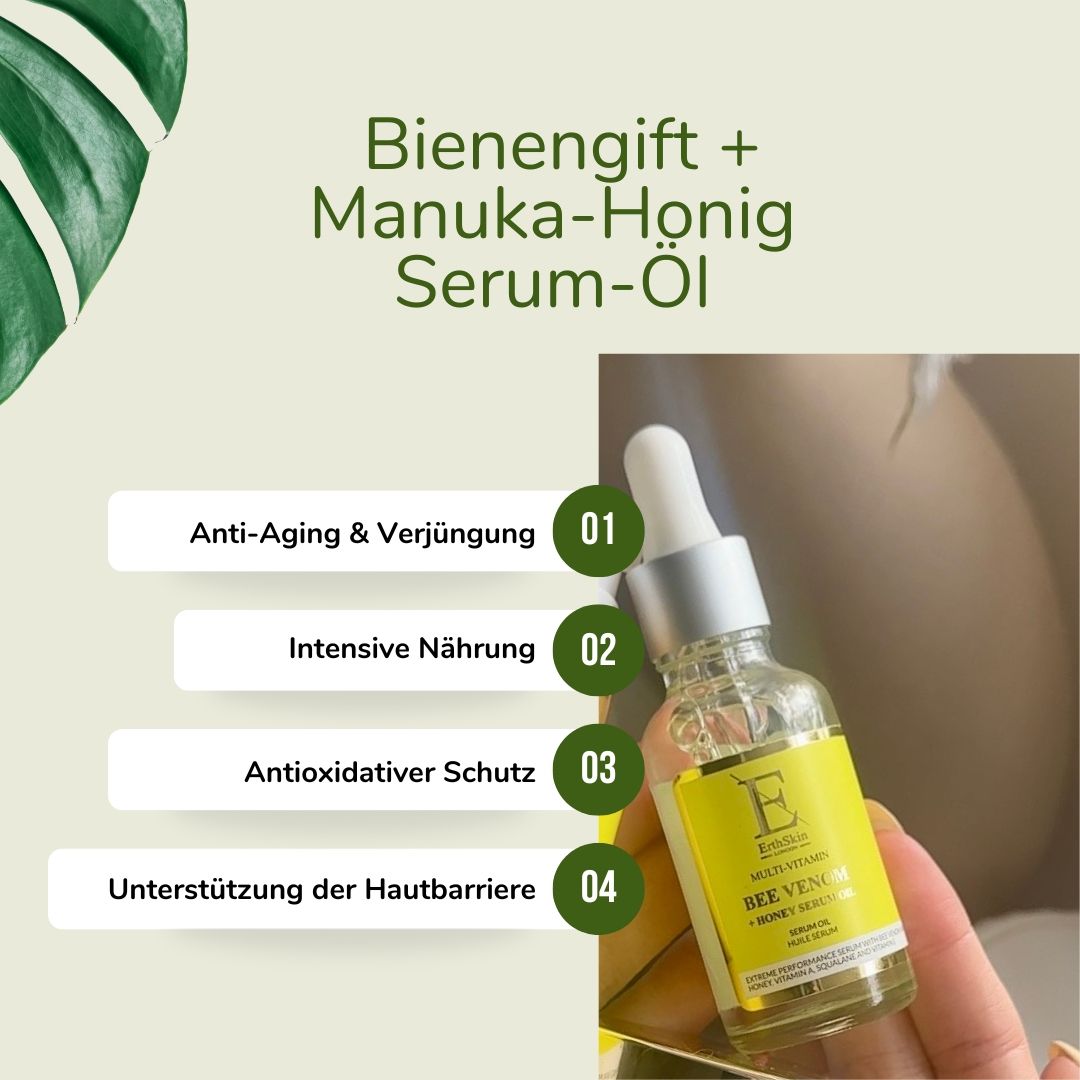 Flacone del prodotto con testo: Siero-olio al veleno d'api + miele di Manuka. Quattro riquadri di testo con descrizioni. Mano che tiene il flacone.