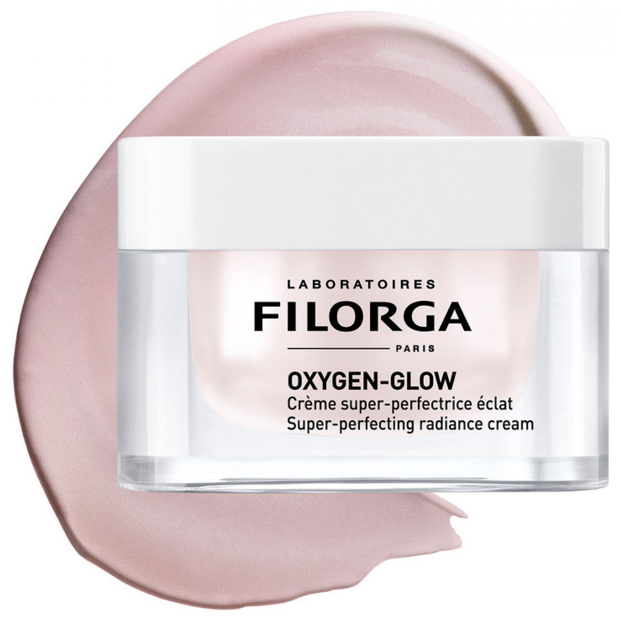 Filorga Oxygen-Glow Super-Perfecting Radiance Cream in un vasetto trasparente.