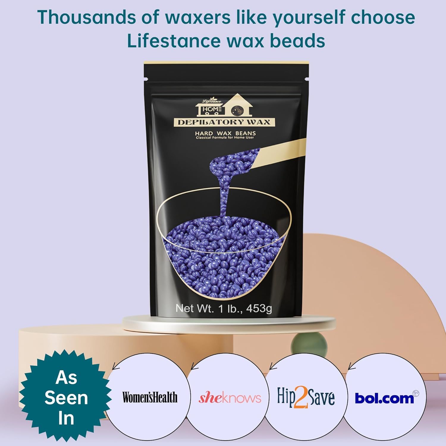 Confezione di perle di cera blu. Testo: Lifestance, Depilatory Wax, Hard Wax Beans. Citato: Women's Health, sheknows, Hip2Save, bol.com.