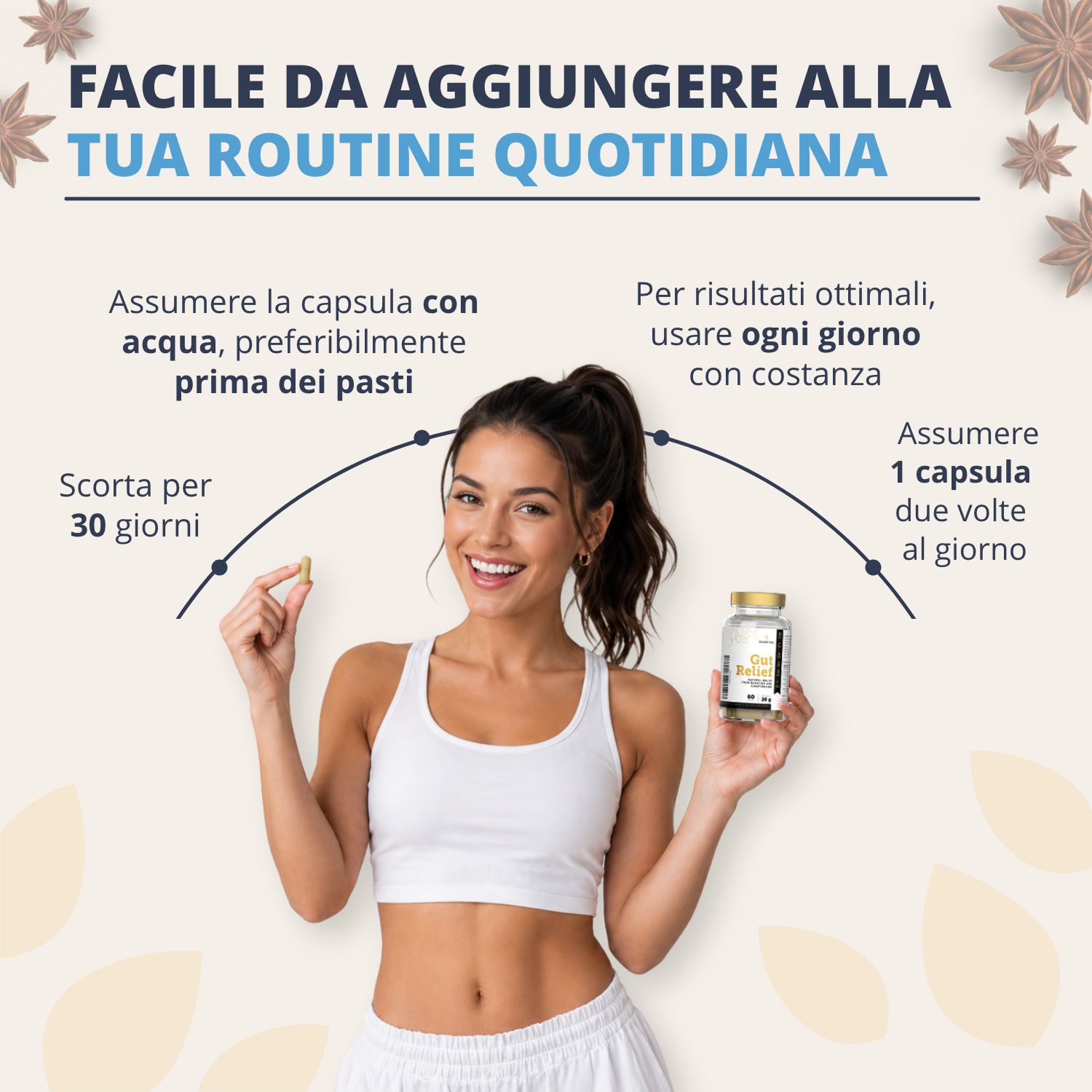 Flacone di 60 capsule Golden Tree Gut Relief, 29g. Con anice stellato e foglie.