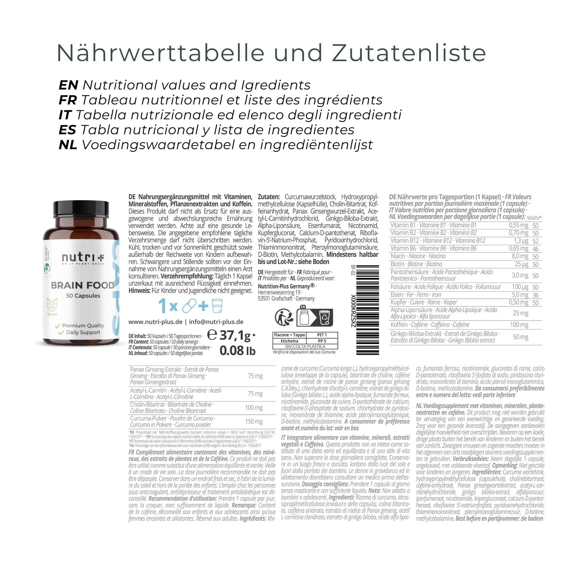 Testo con tabella nutrizionale e lista ingredienti per capsule nutri+ Brainfood. Contiene informazioni in tedesco, inglese, francese, italiano e olandese.