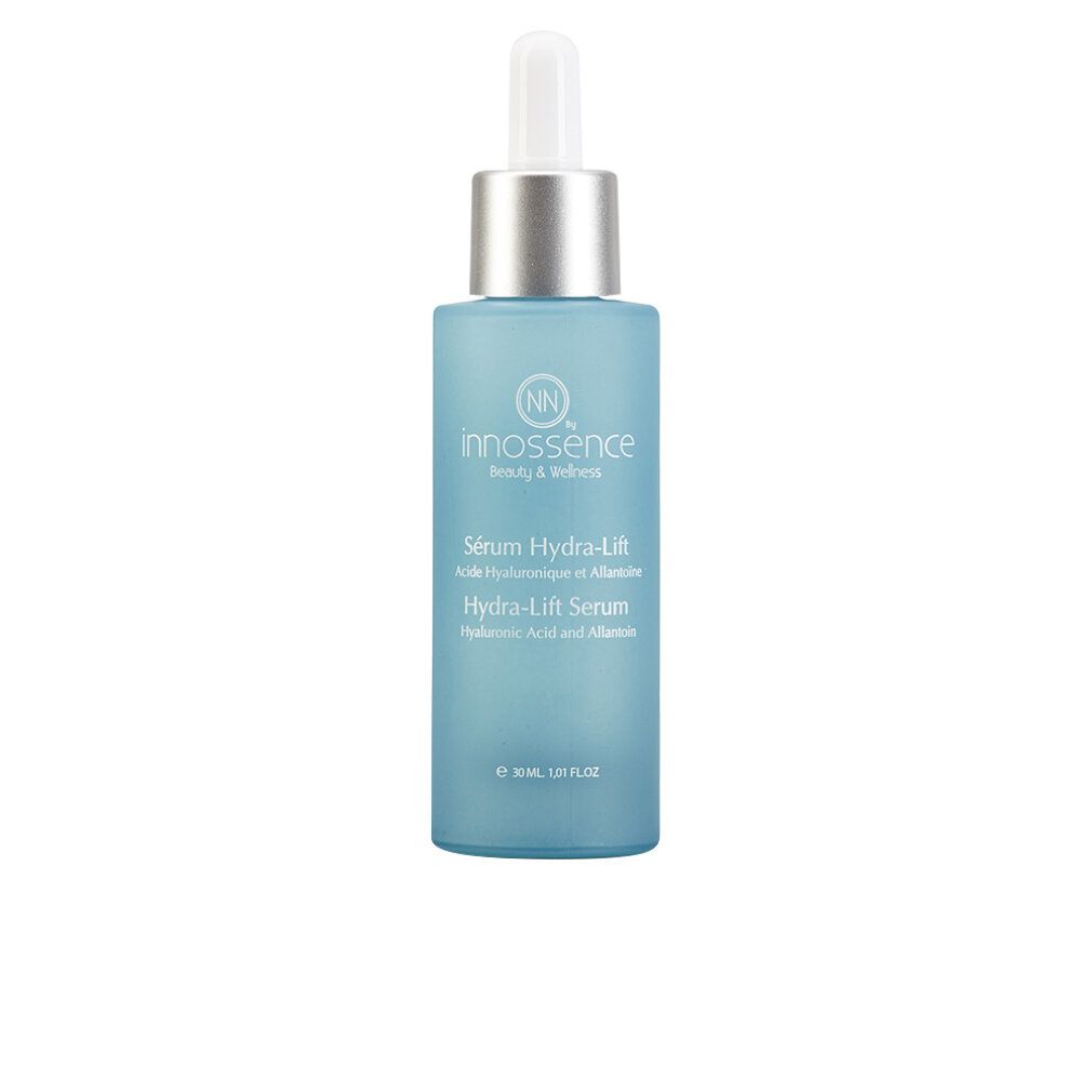 Flacone di siero blu con pipetta. Scritta: Innossence, Hydra-Lift Serum, Acido Ialuronico e Allantoina. 30 ml.
