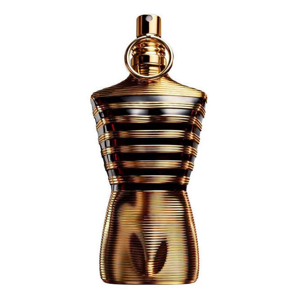 Flacone dorato a forma di torso. Strisce orizzontali nere. Testa di spruzzo dorata con anello.