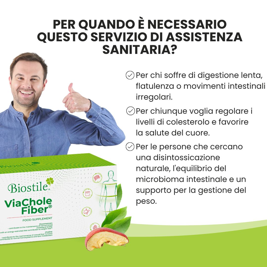 Uomo sorridente con confezione Biostile ViaChole Fiber. Testo: Per chi è adatto questo integratore? Digestione, colesterolo, peso.