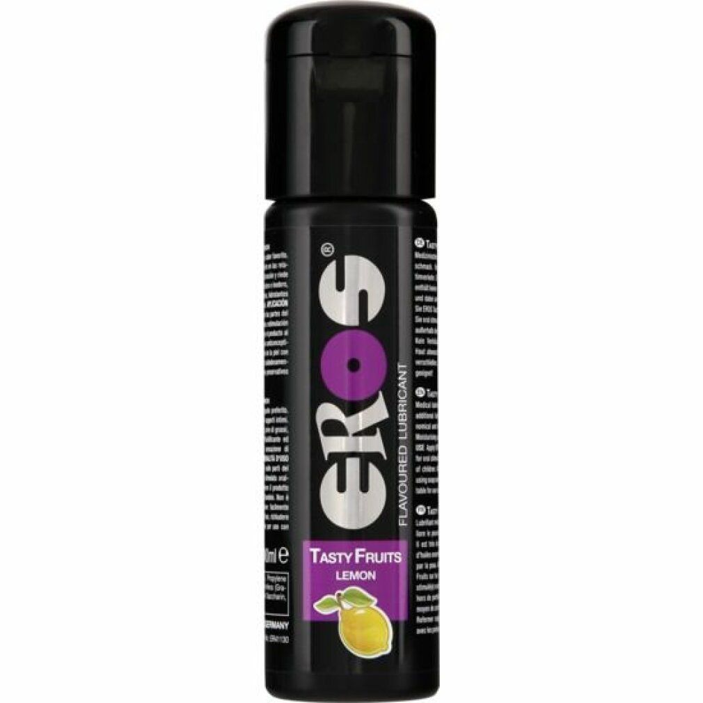 Flacone nero con logo "eros" e scritta "Tasty Fruits Lemon". Con tappo dosatore. Testo multilingue.