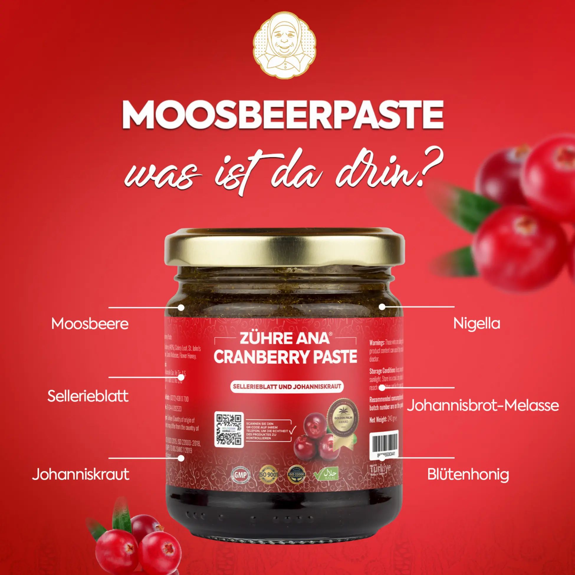 Vaso di pasta di mirtillo rosso Zühre Ana con elenco ingredienti e mirtilli rossi.