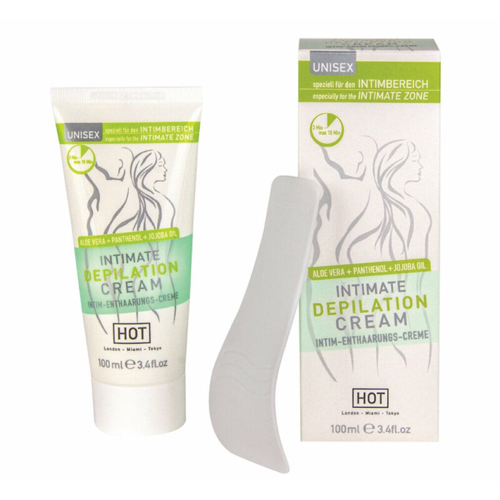 Tubo e scatola di crema. Scritta: INTIMATE DEPILATION CREAM. Contiene aloe vera, pantenolo, olio di jojoba. Marca: HOT. Con spatola.