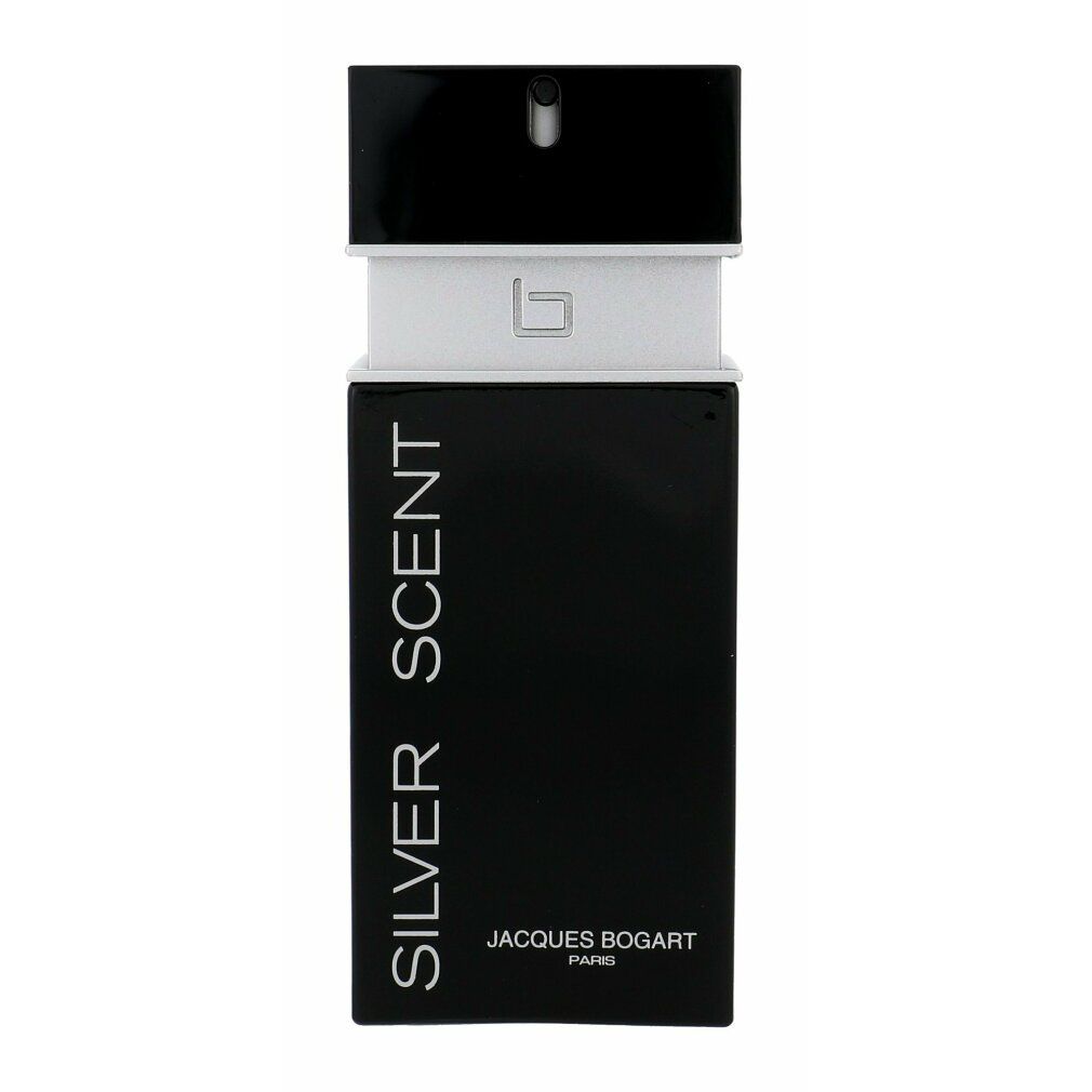 Flacone nero con vaporizzatore. Scritta: SILVER SCENT, Jacques Bogart. Parte bianca sul collo.