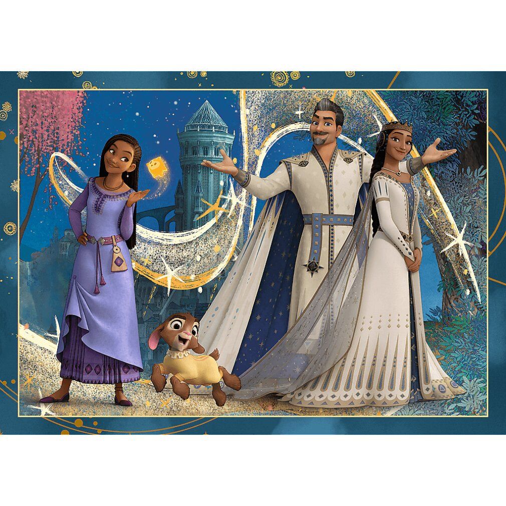 Immagine di un puzzle che mostra una donna in viola, un uomo in bianco e una donna in bianco. Visibile anche un animale simile a una capra. Sfondo: stelle ed edifici.