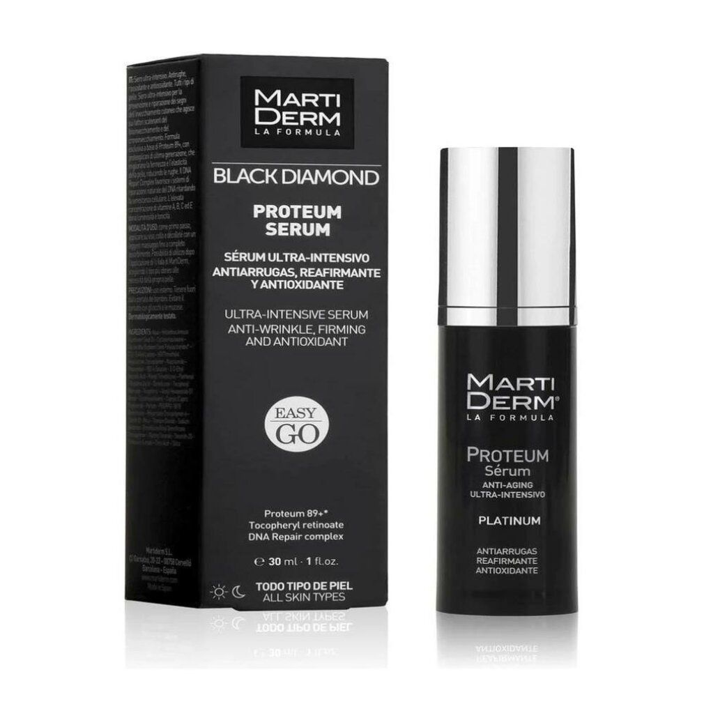 Flacone di siero e scatola. Confezione nera con testo bianco. Nome prodotto: Proteum Serum. Marchio: Marti Derm Black Diamond.