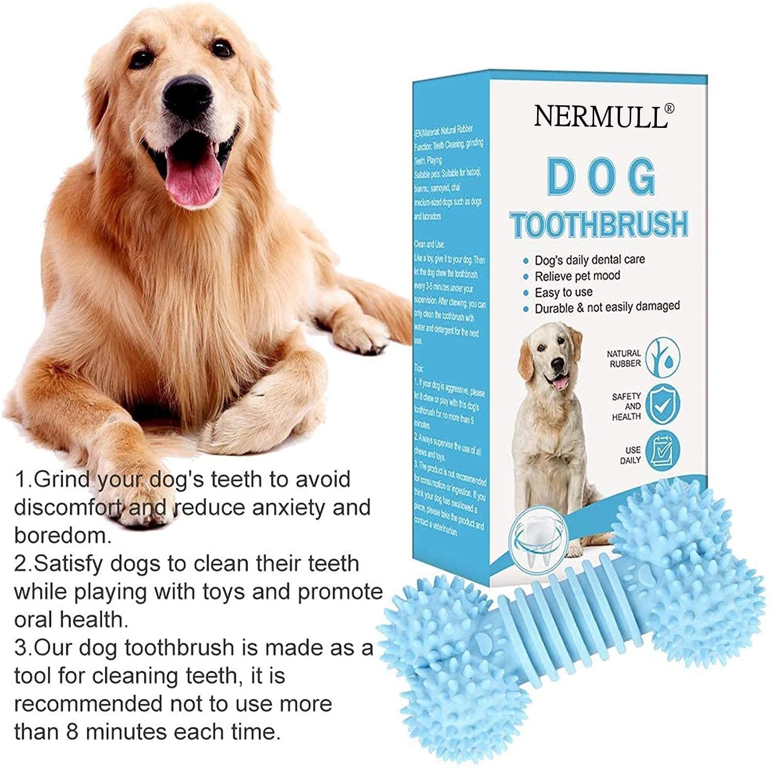 Spazzolino per cani a forma di osso, blu. Scritta: DOG TOOTHBRUSH. Con un cane sullo sfondo.