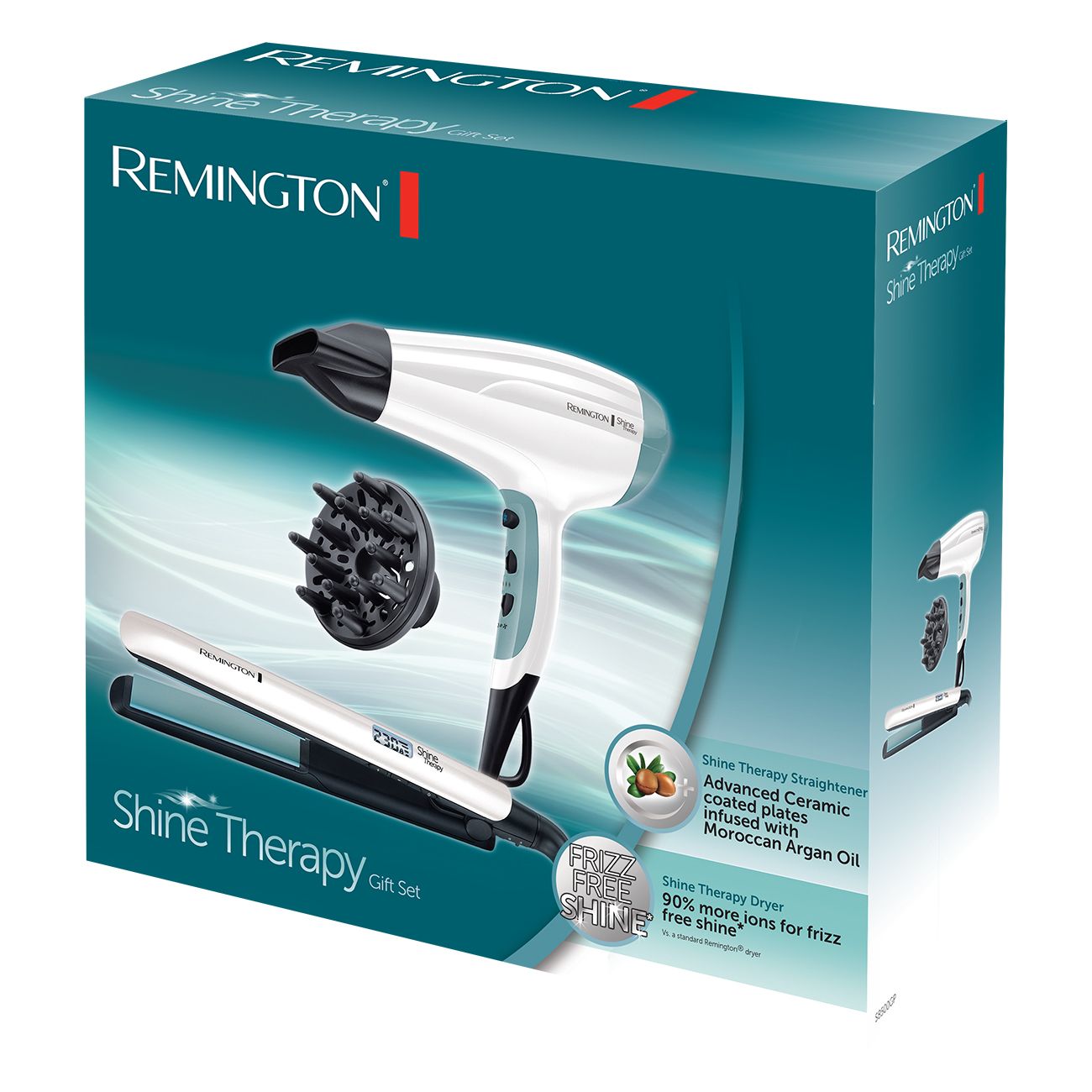 Confezione del set regalo Remington Shine Therapy con asciugacapelli, piastra, diffusore e menzione dell'olio di argan.