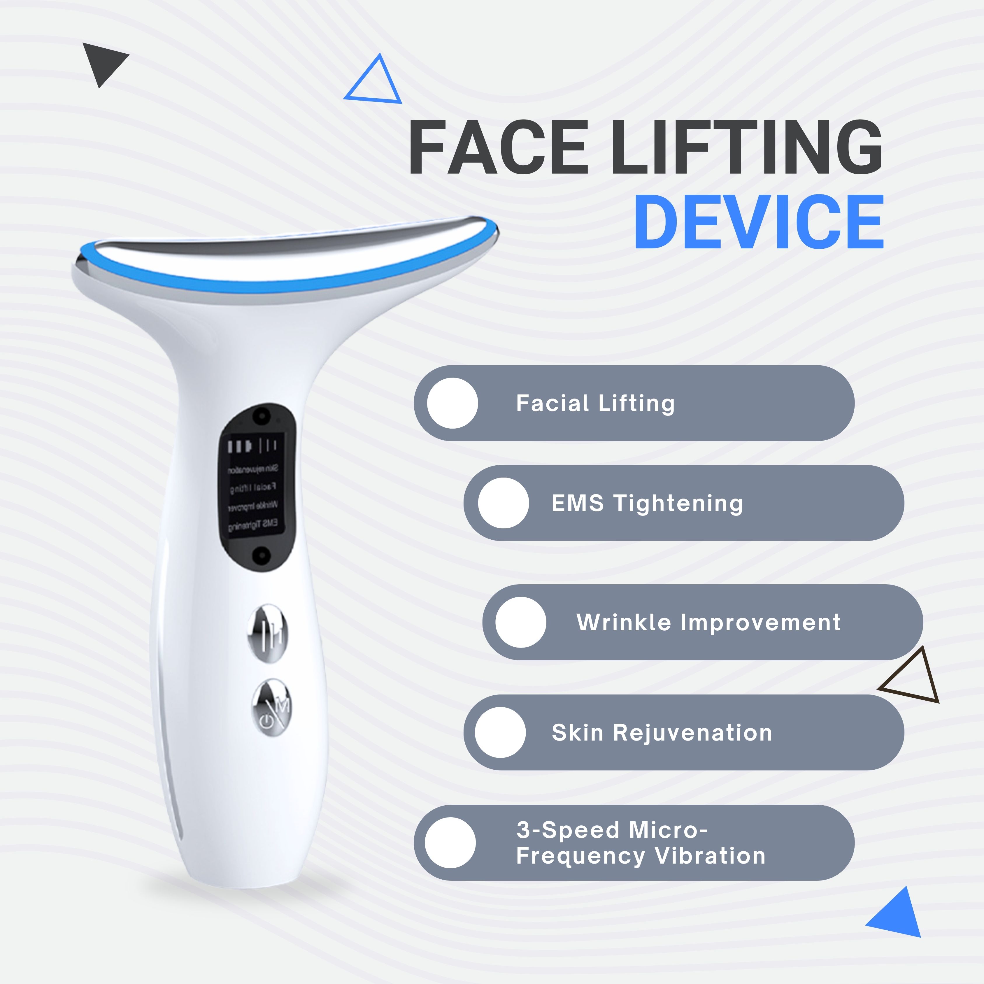 Dispositivo lifting viso bianco con elenco delle funzioni: Facial Lifting, EMS Tightening, ecc.