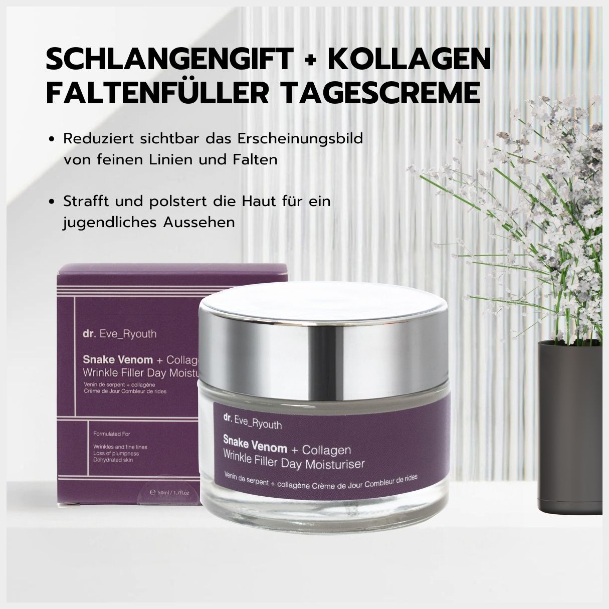 Dr. Eve_Ryouth Crema giorno filler rughe Veleno di serpente + collagene con confezione e benefici del prodotto.