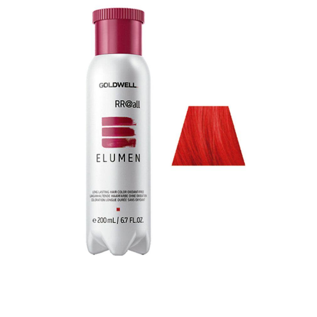 Flacone Goldwell Elumen con tappo rosso e campione colore. Testo: RR@all, Elumen, 200 ml / 6.7 FL.OZ.