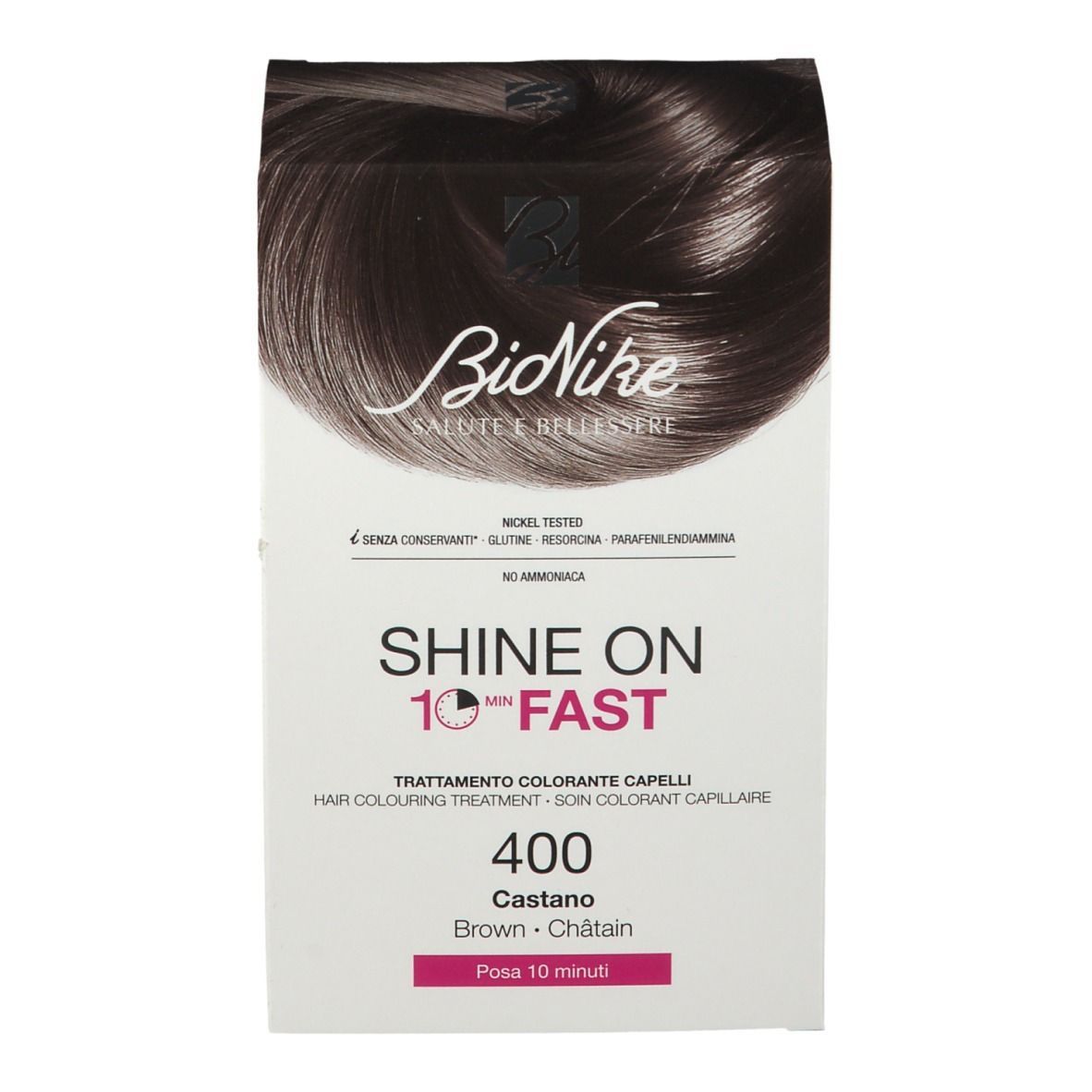 Confezione BioNike SHINE ON FAST 400 Castano. Contiene informazioni sugli ingredienti e l'uso. Colore castano, tempo di posa 10 minuti.