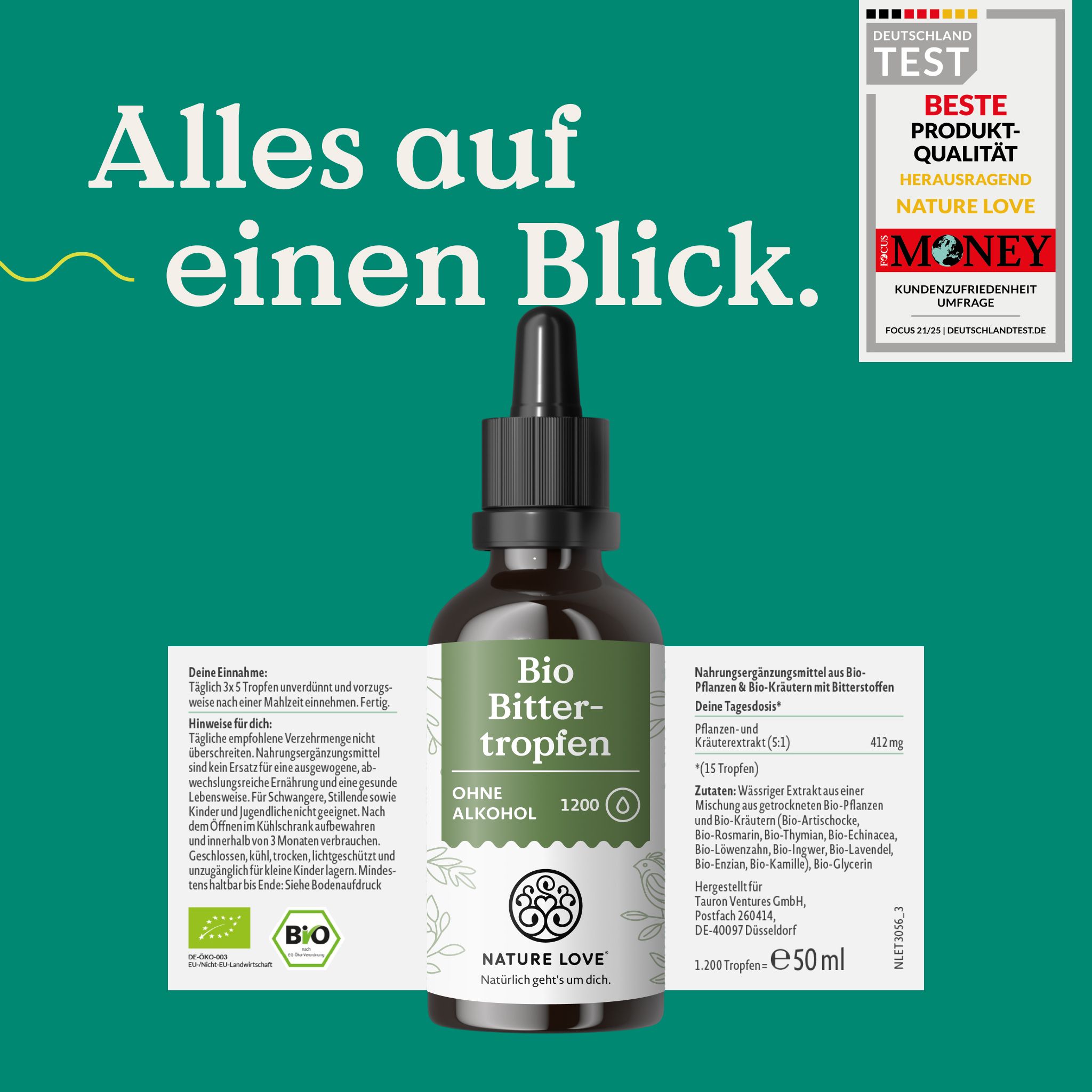 NATURE LOVE Bio Bittertropfen: Bottiglia con etichetta, informazioni nutrizionali e istruzioni.