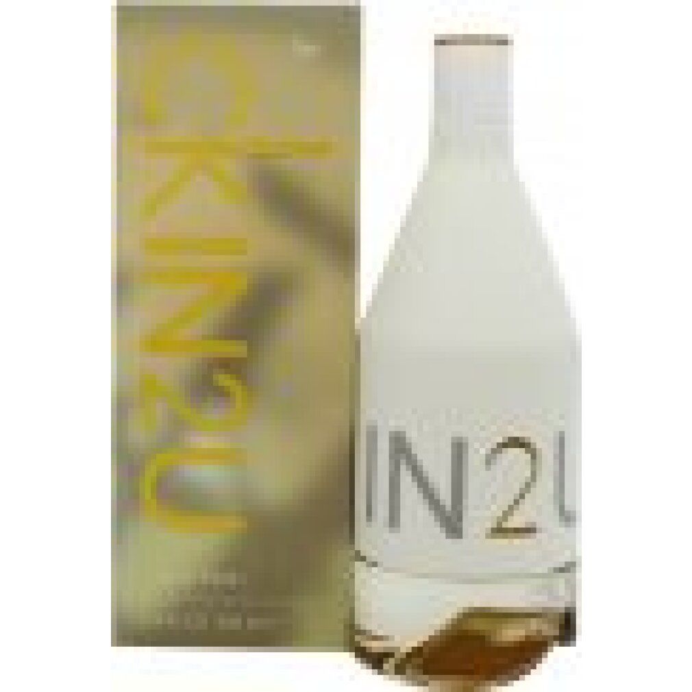 Flacone di profumo e confezione. Flacone bianco con base dorata. Confezione gialla con scritta CK IN2U.