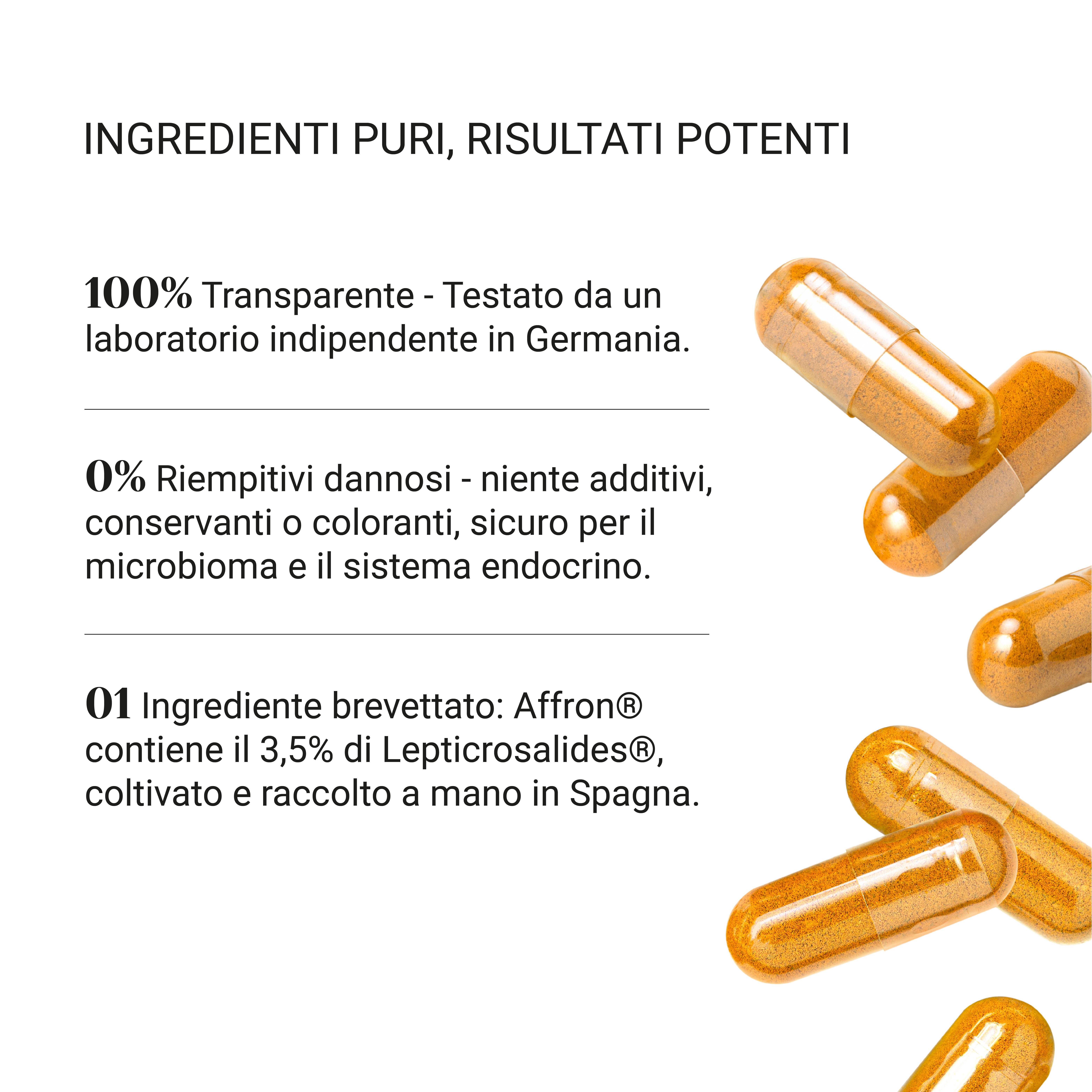 Capsule marroni. Testo: 100% Trasparente. Testo: 0% additivi inutili. Testo: 01 Ingrediente brevettato: Affron®.