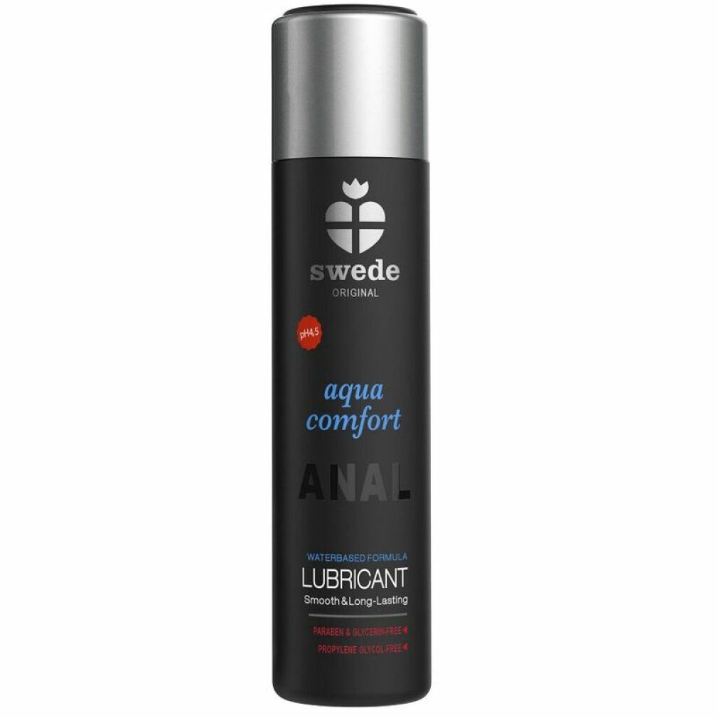 Flacone cilindrico nero con tappo argentato. Scritta bianca: "aqua comfort ANAL LUBRICANT". Marchio Swede.
