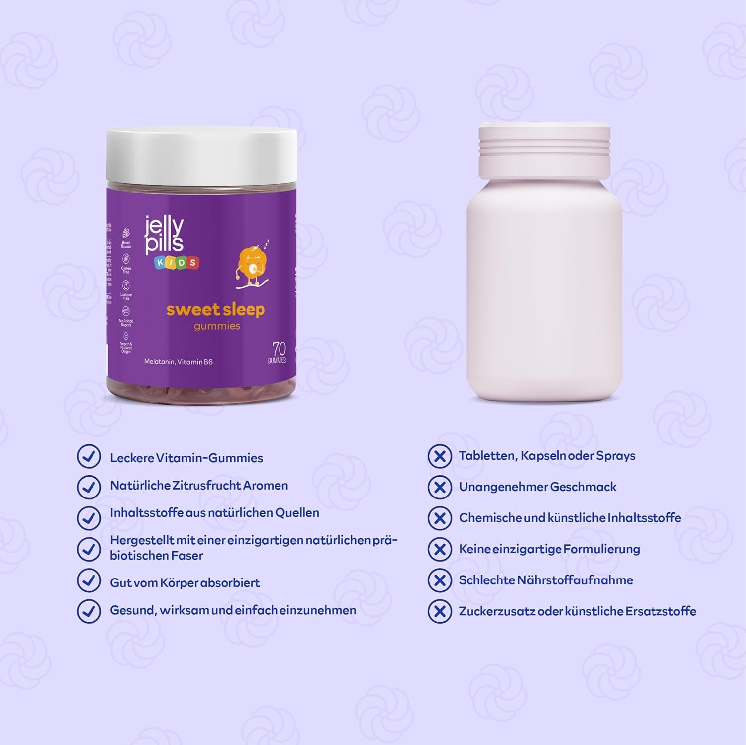 Barattolo Jelly Pills e flacone bianco. Vantaggi: Gommosi gustosi, aromi naturali, ingredienti da fonti naturali. Svantaggi: Compresse, cattivo gusto.