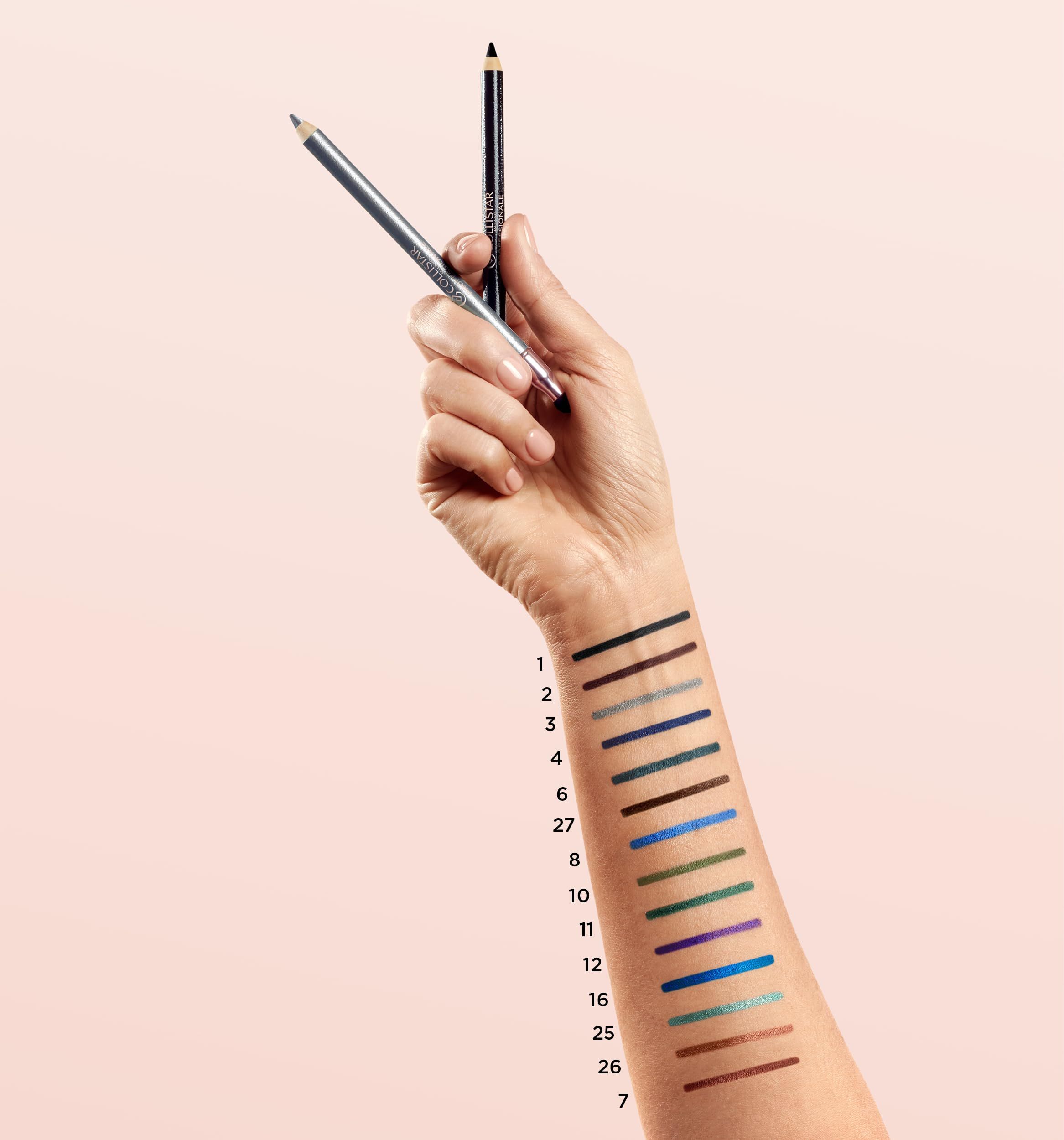 Mano con due matite occhi e campioni di colore sul braccio. Diversi colori, numerati.