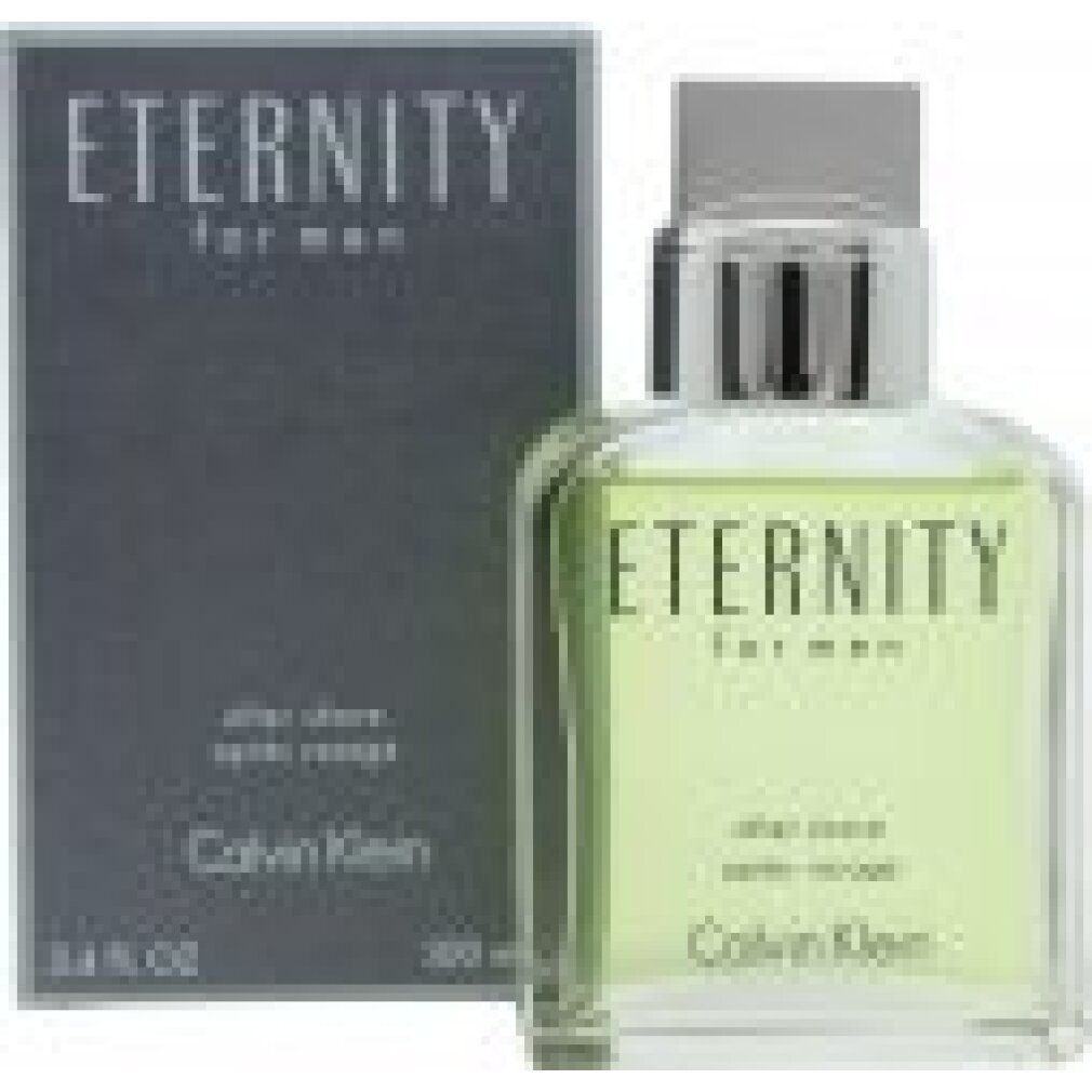 Flacone e scatola di dopobarba. Scritta: Eternity for men, Calvin Klein. Flacone con liquido verde.