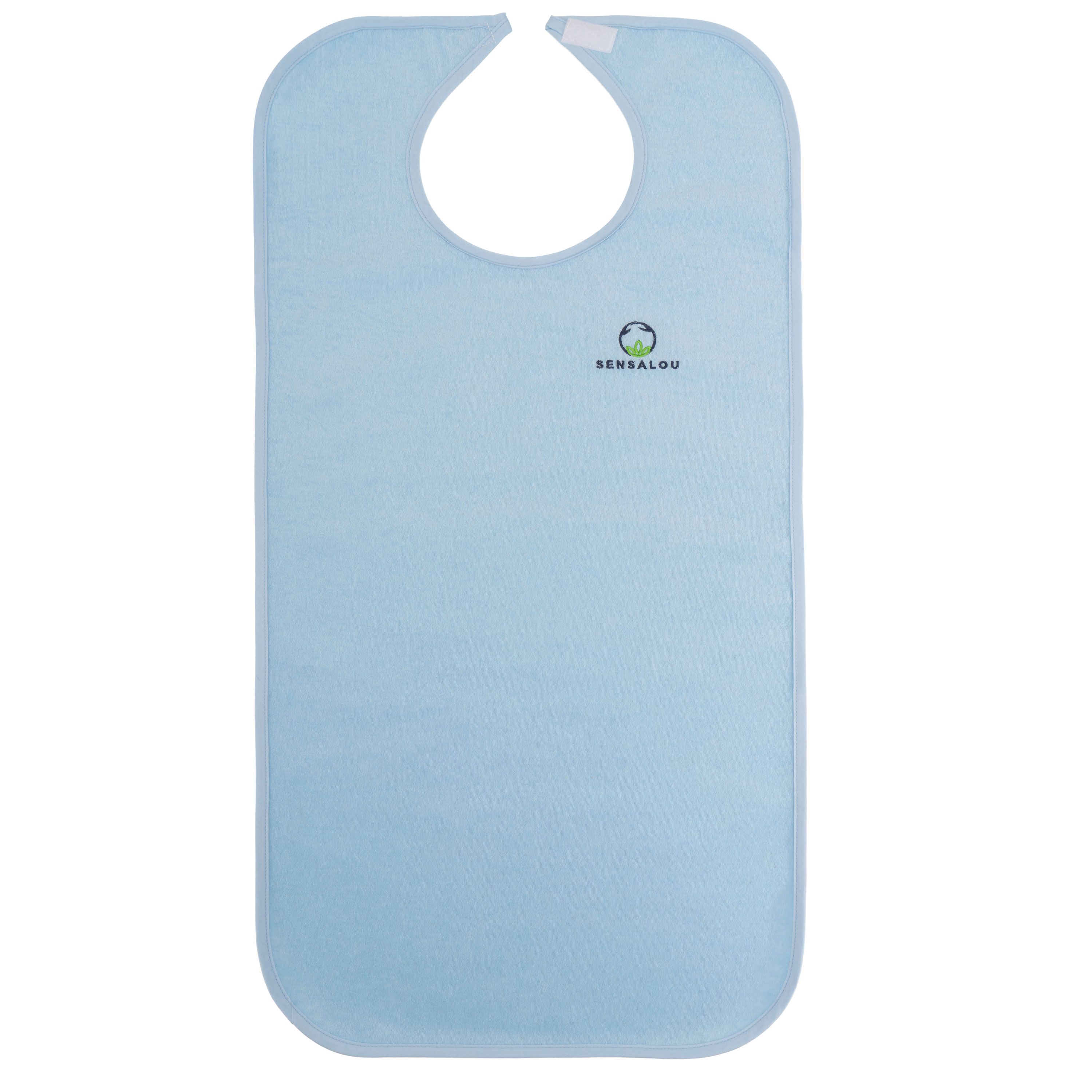 Grembiule blu chiaro per adulti. Chiusura in velcro al collo. Marchio Sensalou. Forma rettangolare con angoli arrotondati.