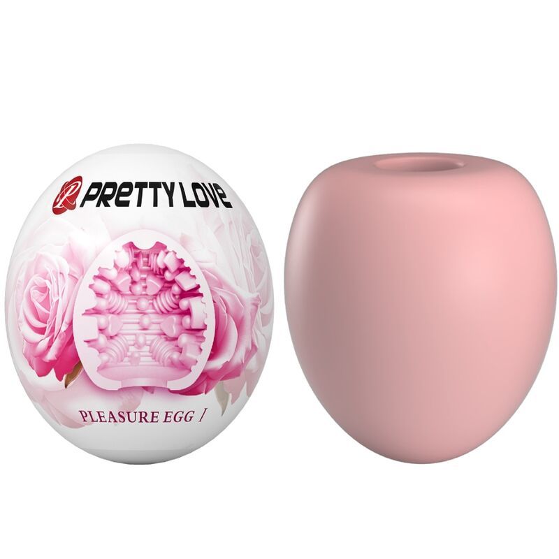 Masturbatore rosa a forma di uovo, esterno liscio, interno testurizzato. Confezione con rose e nome del marchio.