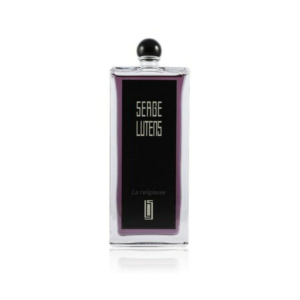 Flacone Serge Lutens La Religieuse EdP. Flacone rettangolare trasparente, etichetta nera e testo. Tappo nero.