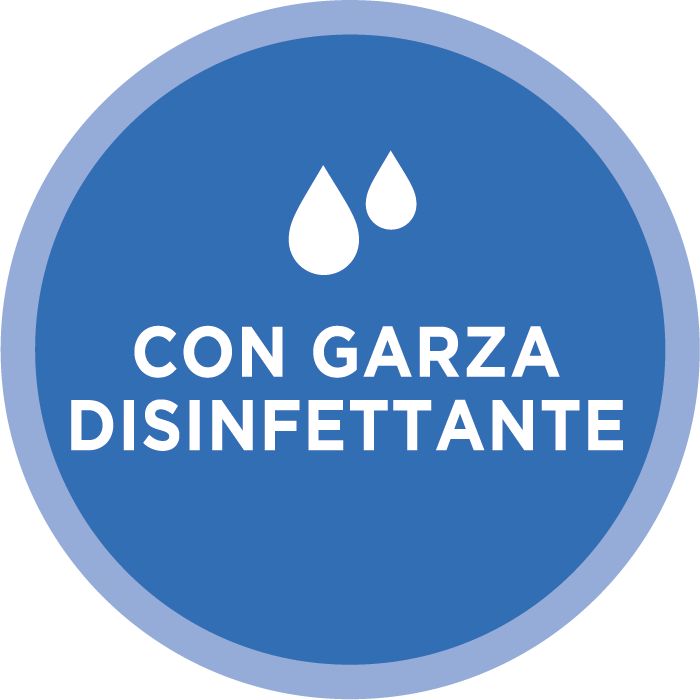 Simbolo rotondo blu con testo bianco: 'CON GARZA DISINFETTANTE' e due gocce d'acqua.