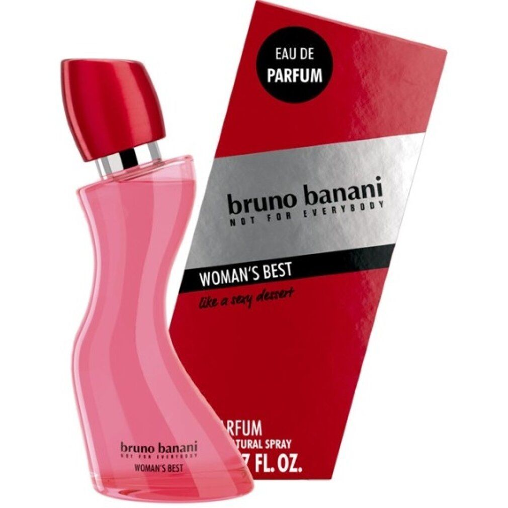 Flacone rosa con tappo rosso e confezione rossa. Scritta: Bruno Banani Woman's Best Eau de Parfum.