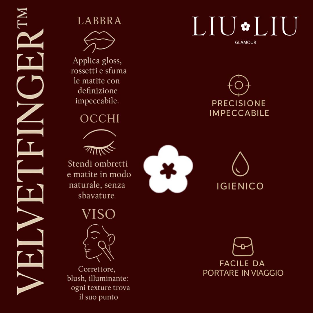 Infografica con icone e testo. Parole chiave: 'labbra', 'occhi', 'viso'. Marchio VELVETFINGER™.