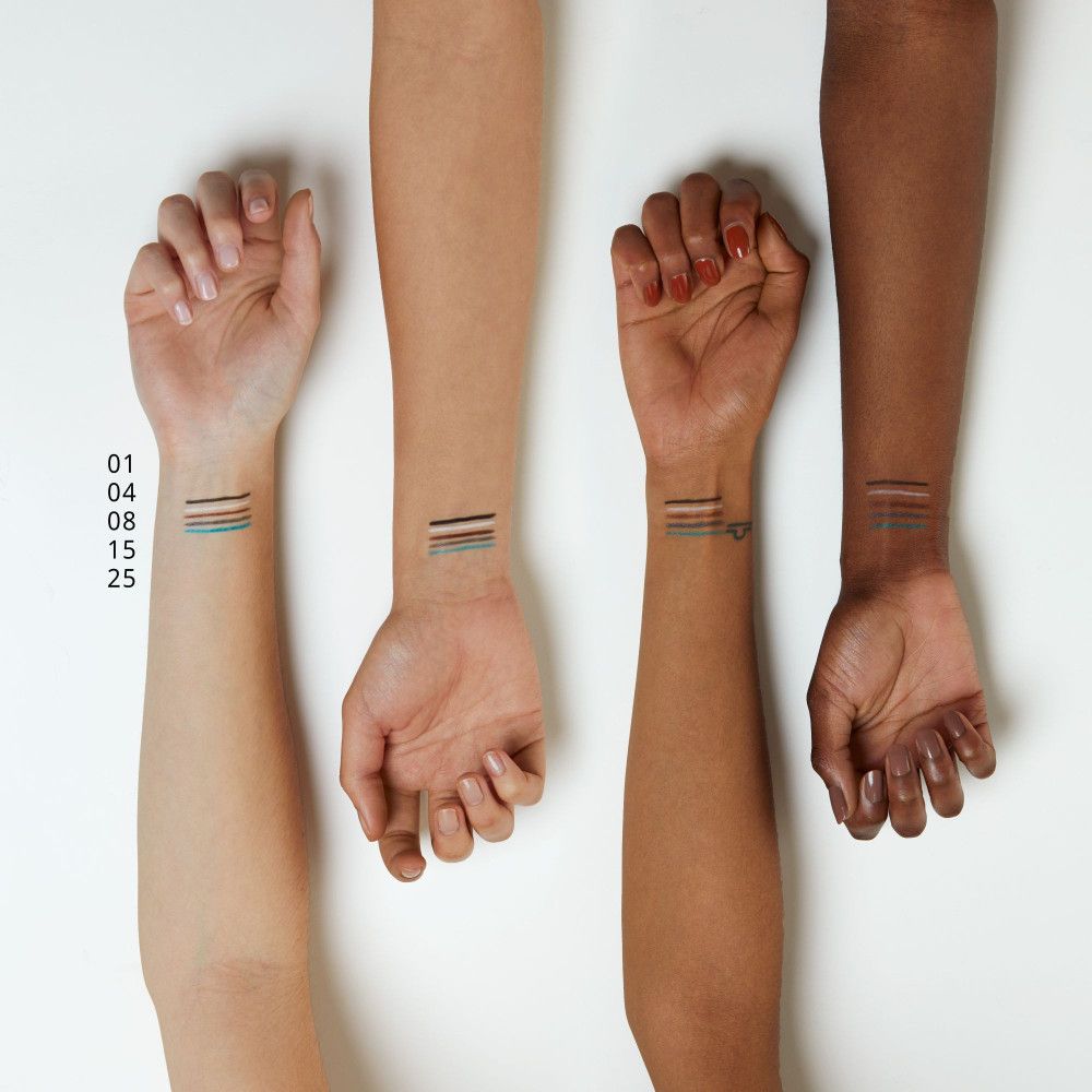 Quattro braccia con tratti di kajal di diversi colori sui polsi. Numeri: 01, 04, 08, 15, 25.