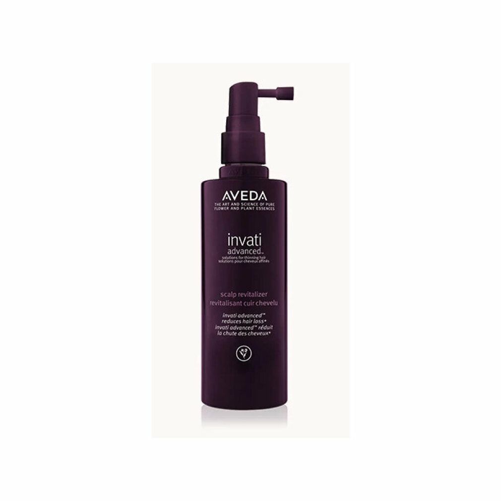 Aveda Invati Advanced Scalp Revitalizer. Flacone nero con applicatore. Testo viola. Nome del prodotto e marchio visibili.