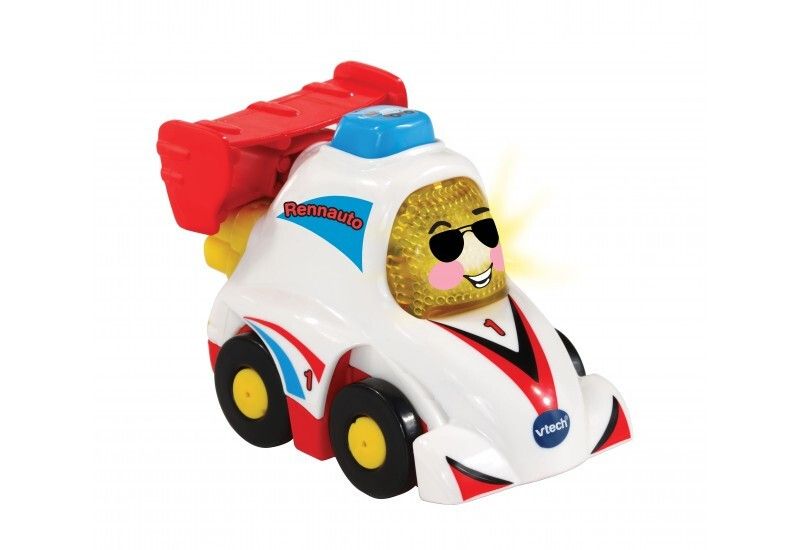 Macchina da corsa giocattolo bianca con alettone rosso, dettagli blu e rossi. Ruote gialle, pneumatici neri. Scritta "Rennauto".