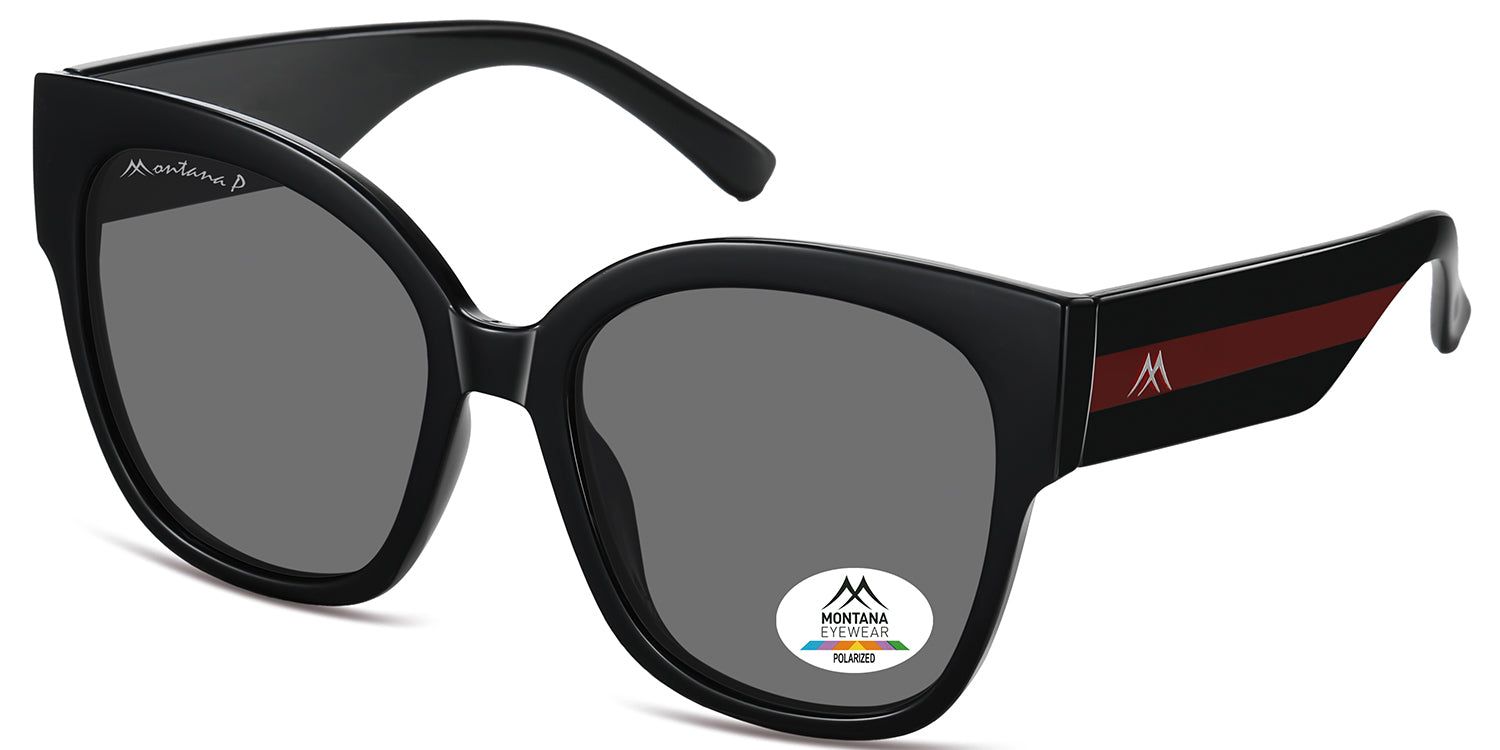 Occhiali da sole neri con lenti grigie. Logo Montana Eyewear sulla stanghetta sinistra. Adesivo polarizzato sulla lente destra.
