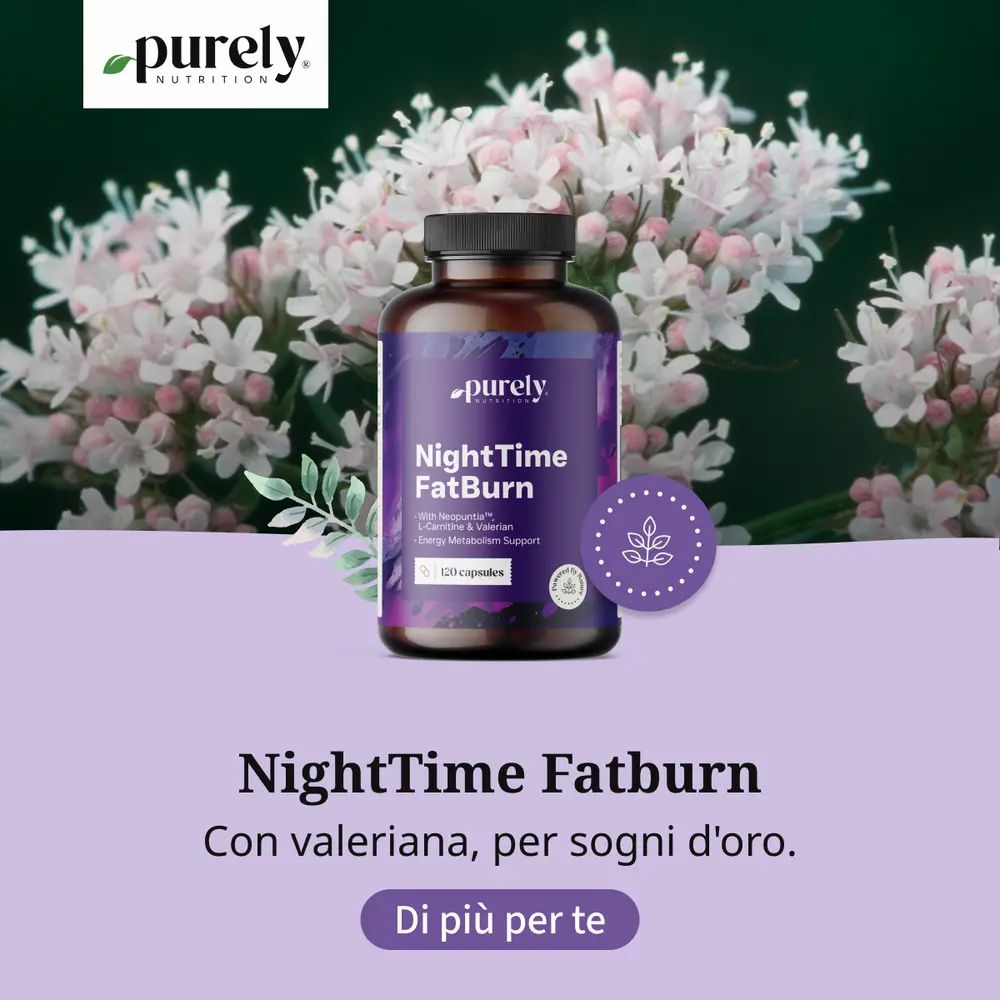 Pubblicità. Flacone NightTime FatBurn. Testo: Con valeriana, per sogni d'oro. Sfondo: Fiori.