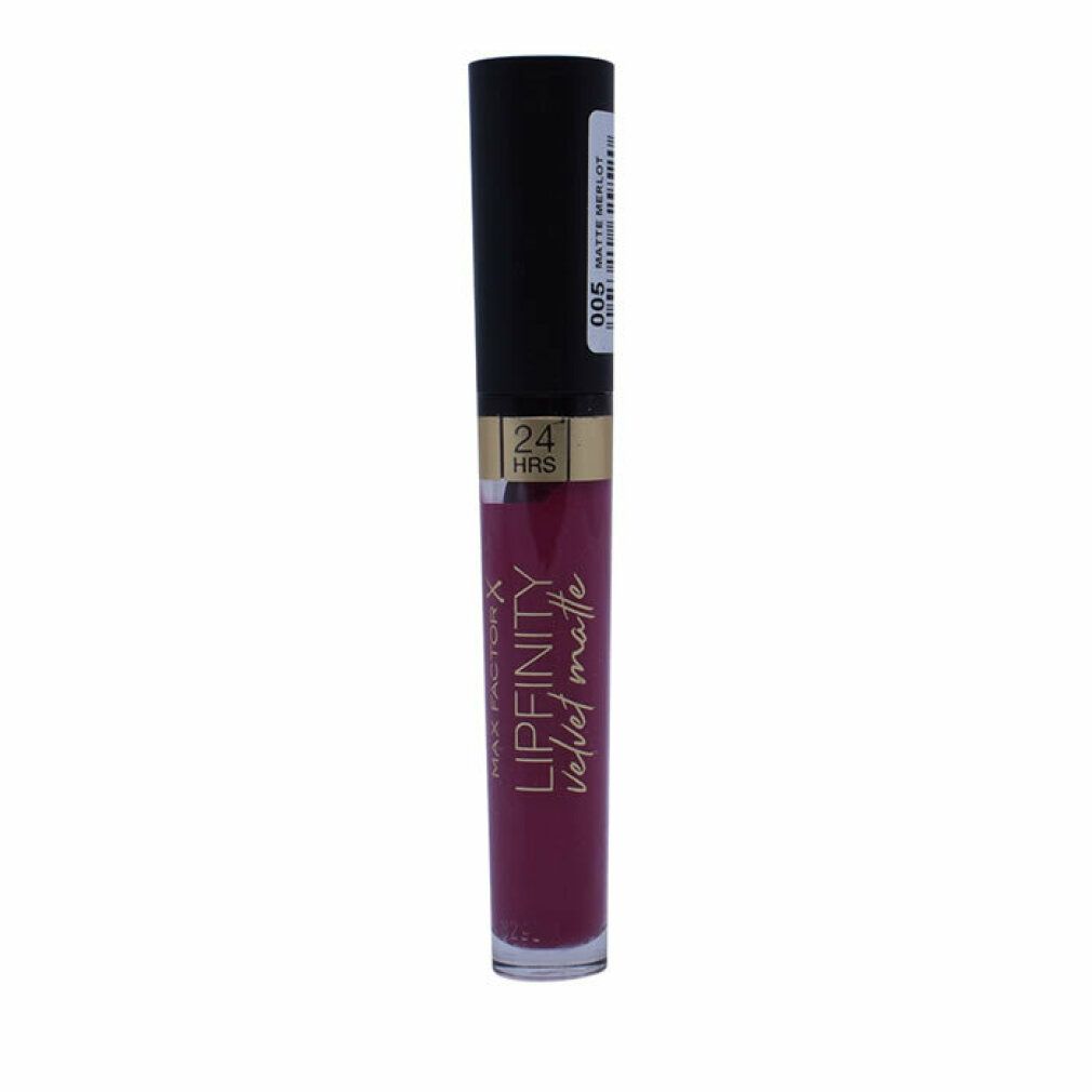 Max Factor Lipfinity Velvet Matte 005 Matte Merlot. Rossetto con tappo nero. Scritte dorate. Tonalità: Merlot. Adesivo.