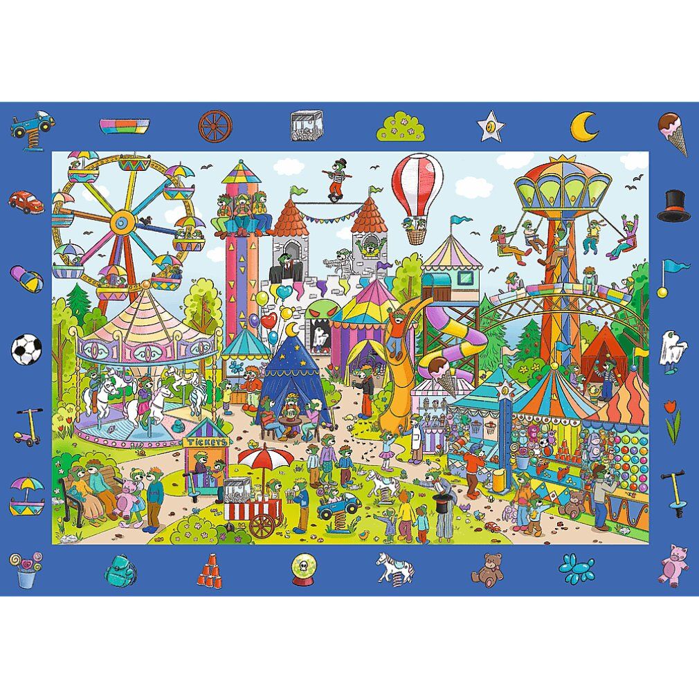 Puzzle Spy Guy con scena di parco divertimenti. Numerosi personaggi e attrazioni. Bordo blu. Senza confezione.