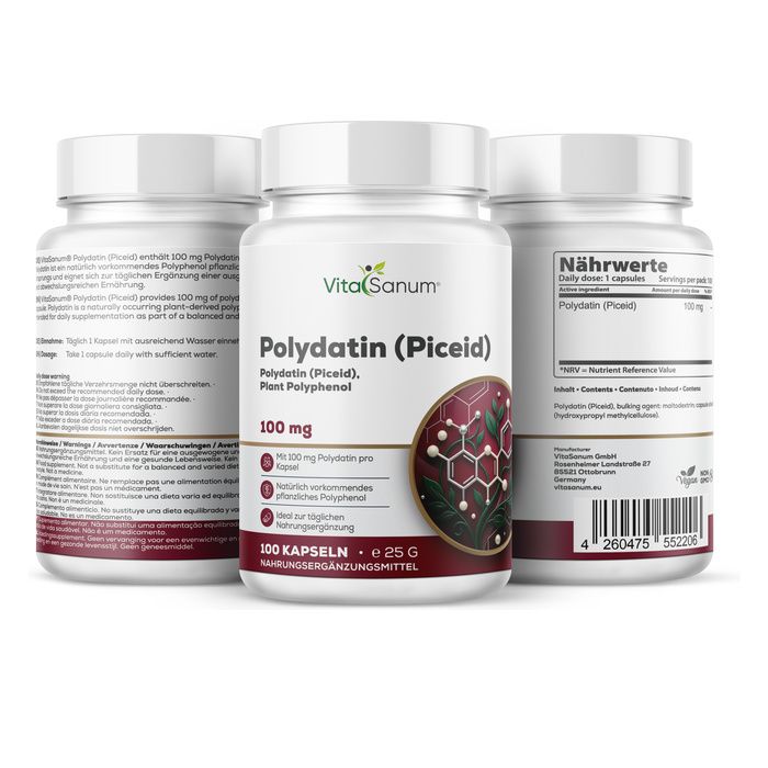 Tre contenitori di capsule VitaSanum Polydatin (Piceid), 100 mg. Uno davanti, due dietro.