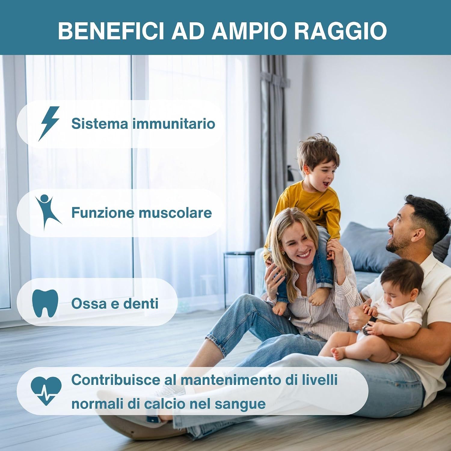Famiglia in un soggiorno, che evidenzia i benefici per la salute della vitamina D3.