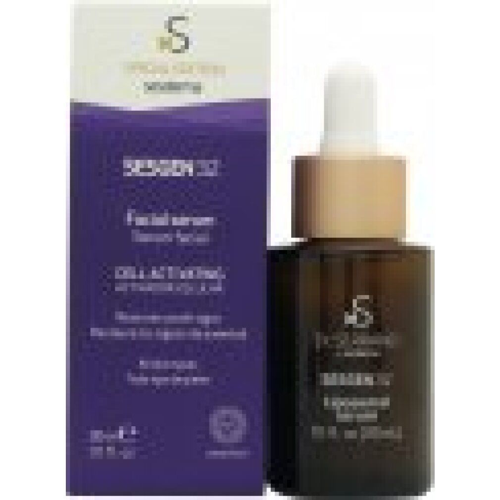 Flacone in vetro marrone con pipetta e scatola. Scritto: Sesgen 32, Siero viso. Attivazione cellulare.