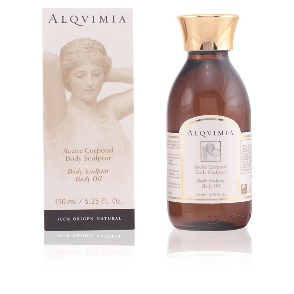Flacone in vetro marrone con tappo dorato e confezione bianca. Scritta: Alqvimia, Aceite corporal Body Sculptor. 150 ml / 5.25 Fl. Oz.