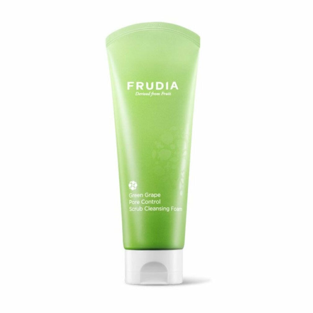Tubo verde con tappo bianco. Scritta: FRUDIA. Testo: Green Grape Pore Control Scrub Cleansing Foam.