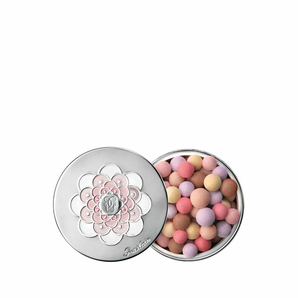 Barattolo aperto con perle colorate. Coperchio con design floreale. Testo: Guerlain. Perle rosa, lilla, gialle e marroni.