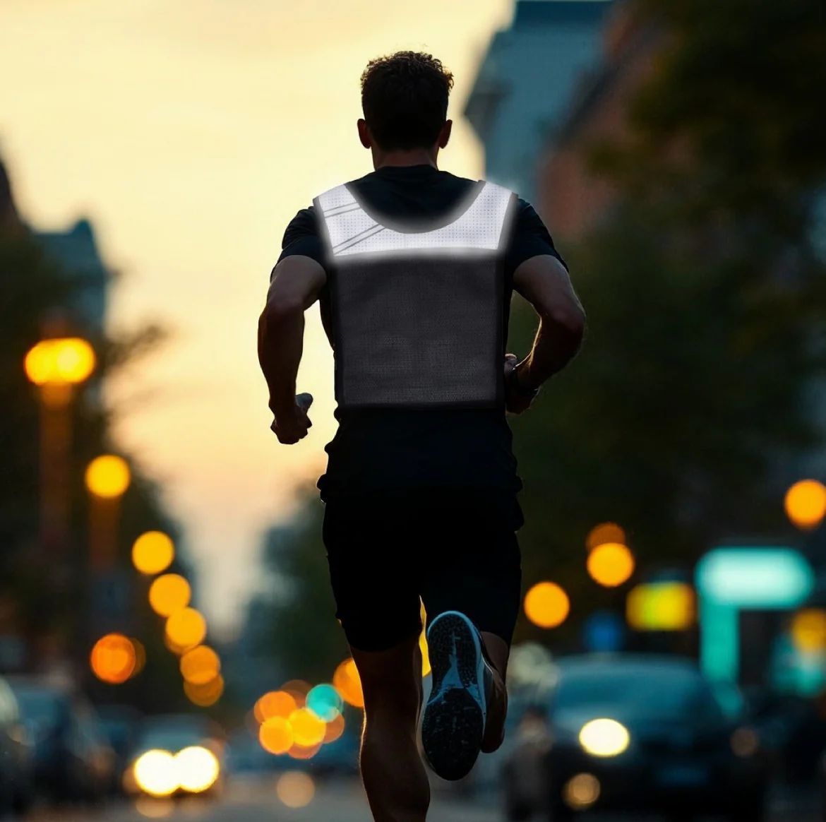 Persona che corre in città. Indossa un gilet da corsa nero con elementi riflettenti. Illuminazione stradale serale.